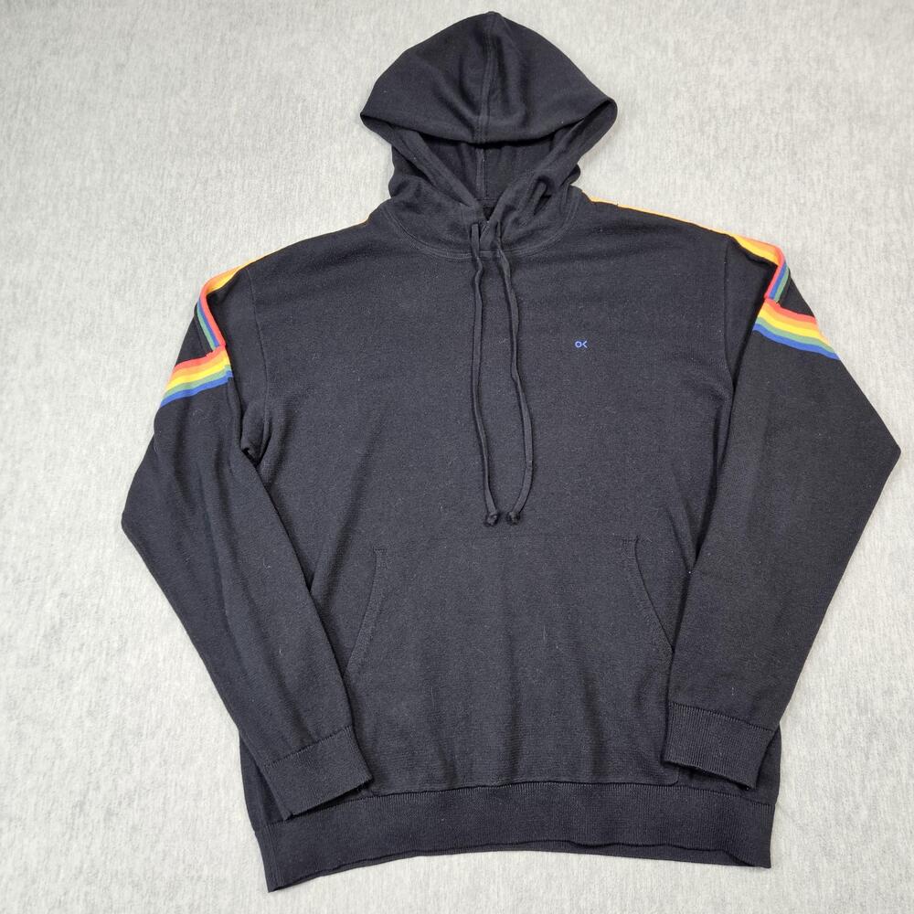 Outerknown Sweater Mens L Black Hooded Striped Shoulder Rainbow Knit Pullover
